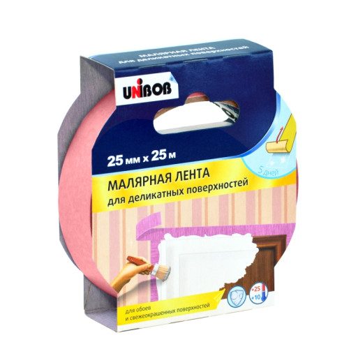 Клейкая лента малярная заказная для деликатных поверхностей UNIBOB 25мм х 25м (инд. упаковка)