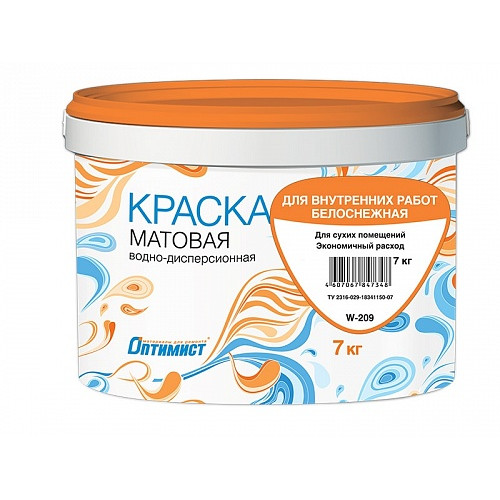 Краска ВД для внутренних работ белоснежная матовая морозостойкая 7 кг Оптимист W209 Вывод